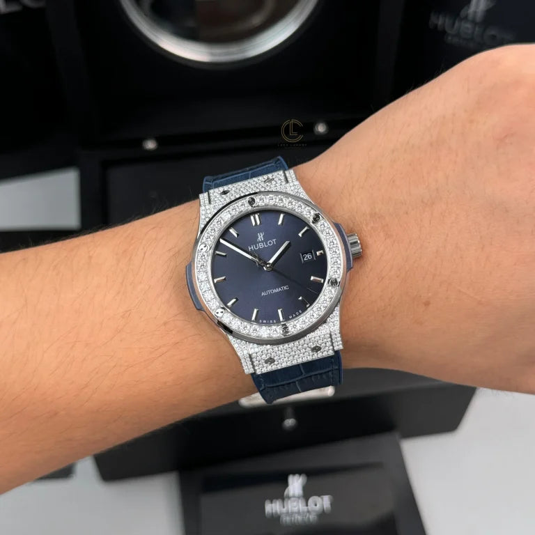 Hublot Classic Fusion Diamonds Moissanite Pave 42mm Blue Dial